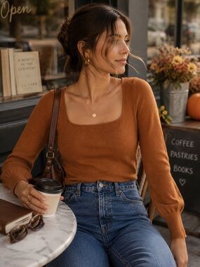 Madewell Ottoman Rib Square Neck Rust Women’s Lightweight Sweater Sz XS